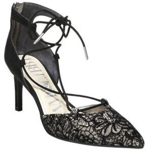 Sam & Libby Black Lace Strappy Ankle Tie Heels 6.5
